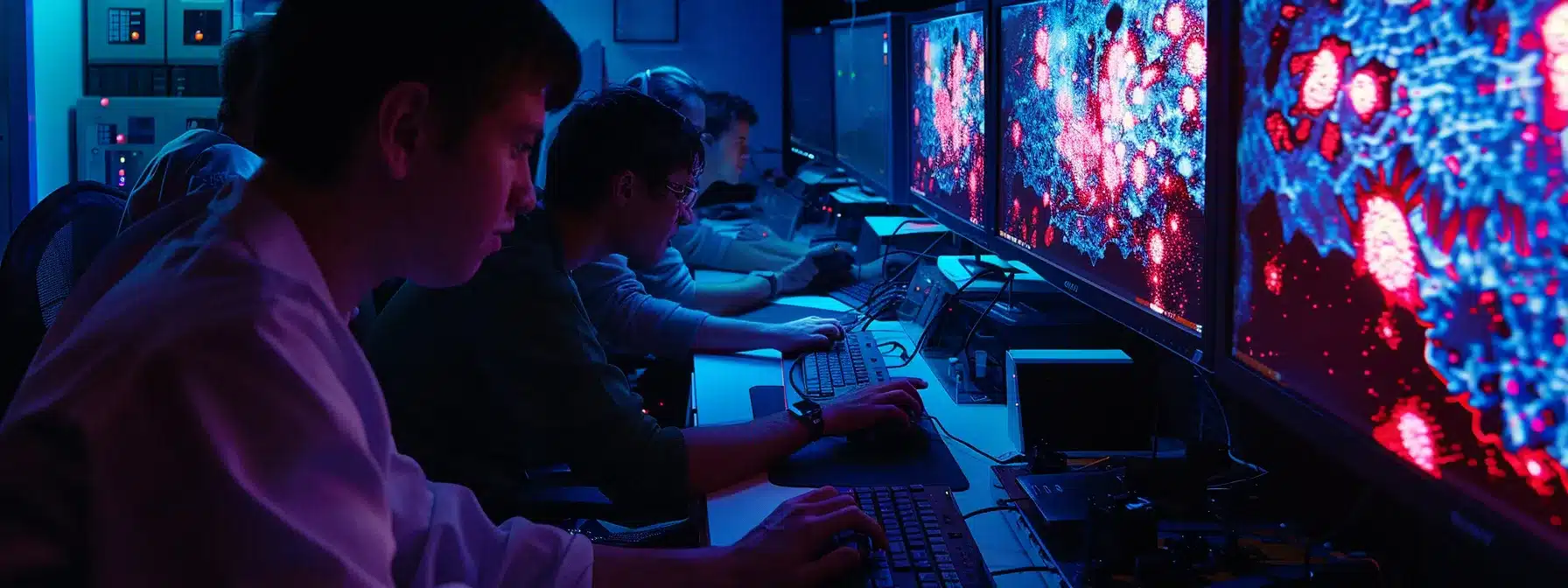 a team huddled around a computer screen, analyzing data with focused expressions, highlighting competitors' strategies and weaknesses.