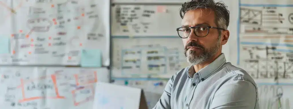 a confident entrepreneur standing in front of a whiteboard filled with a detailed business plan, a look of determination on their face.