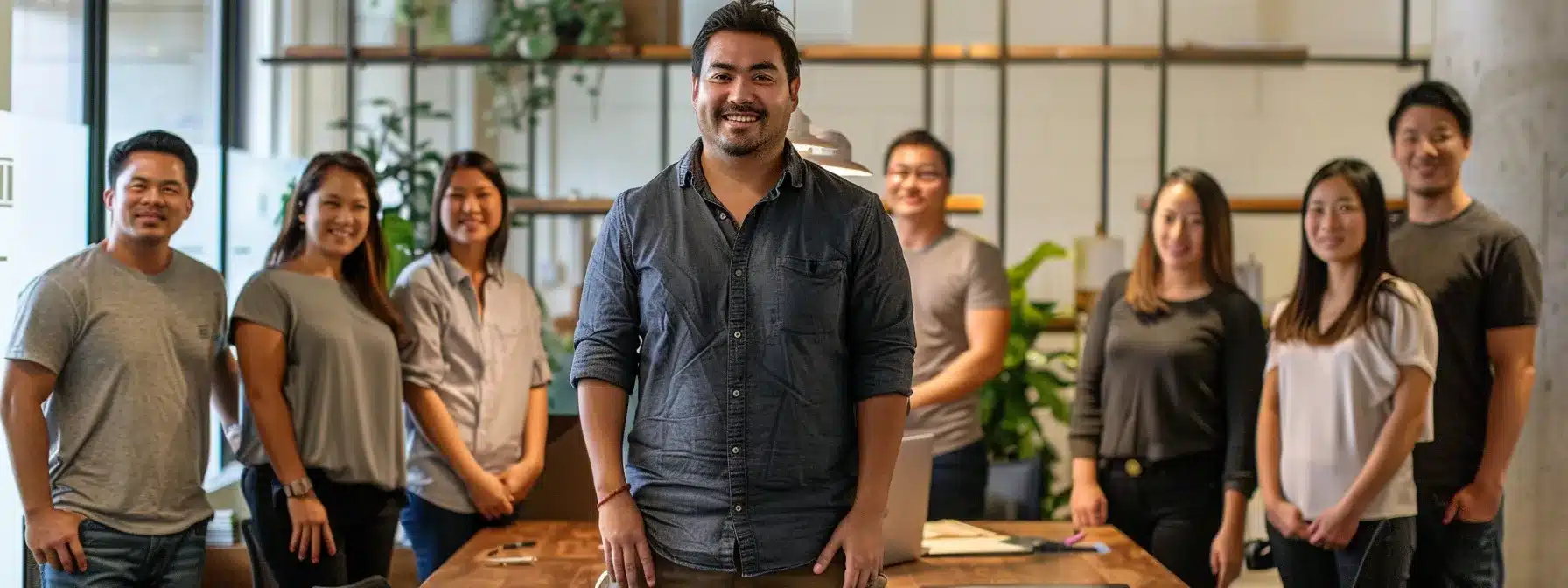 a confident entrepreneur stands at the head of a table in a modern office, surrounded by a diverse team, all looking up at a whiteboard filled with innovative ideas for their startup.