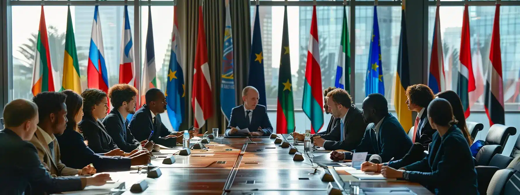 a diverse group of business executives signing partnership agreements in a modern boardroom setting, surrounded by flags representing various countries.