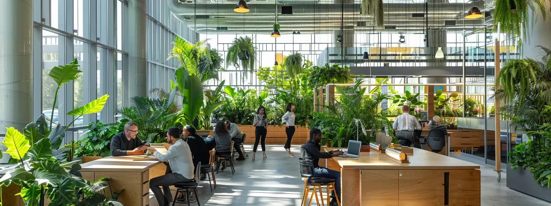 a diverse group of employees smiling and collaborating in a modern, open office space filled with plants and natural light, showcasing a positive organizational culture.