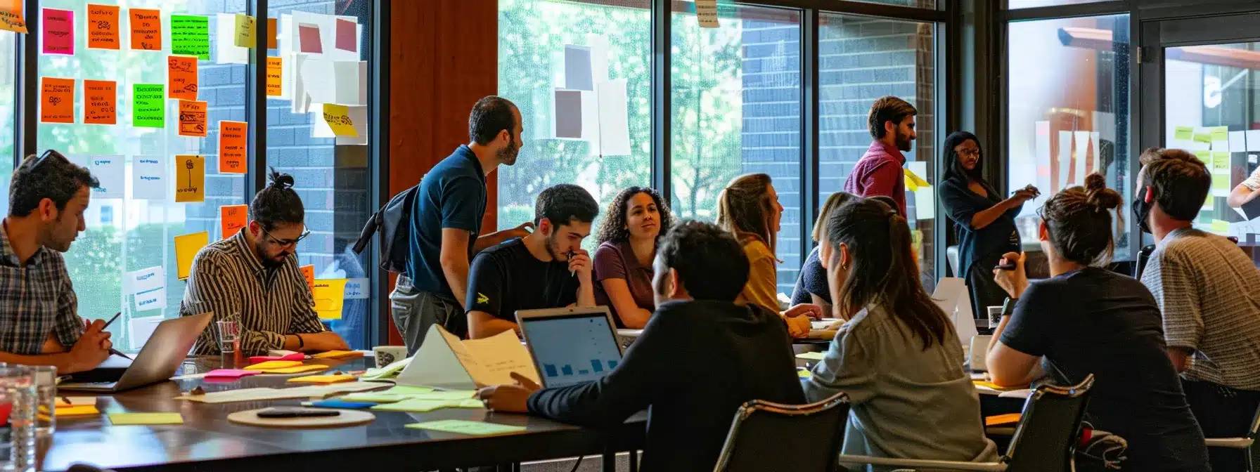 a diverse group of entrepreneurs brainstorming in a modern office, surrounded by colorful sticky notes, brainstorm sketches, and laptops, as they develop innovative marketing and branding strategies.