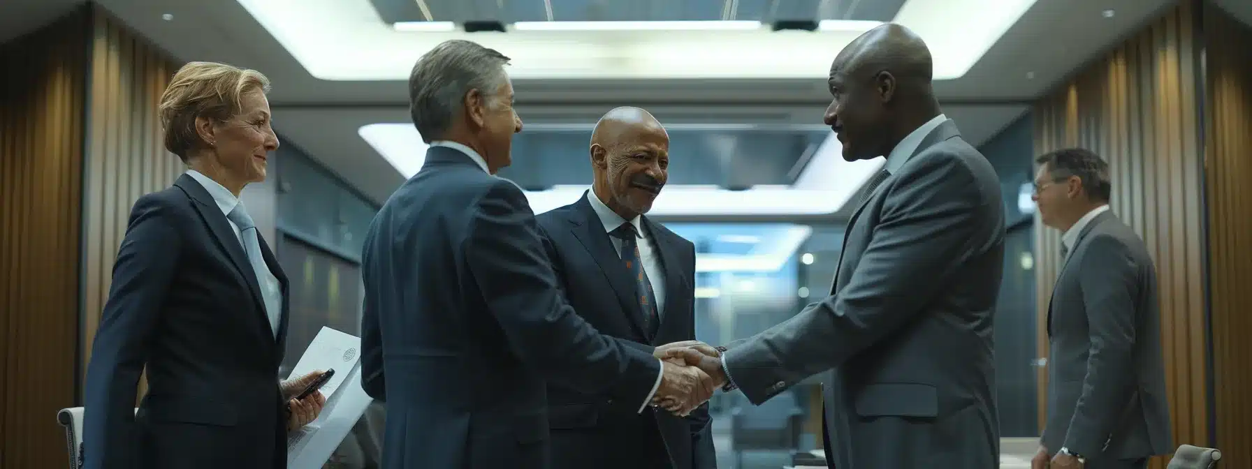 a diverse group of government officials and business executives shaking hands in a modern boardroom, discussing strategic partnerships for economic growth and innovation.