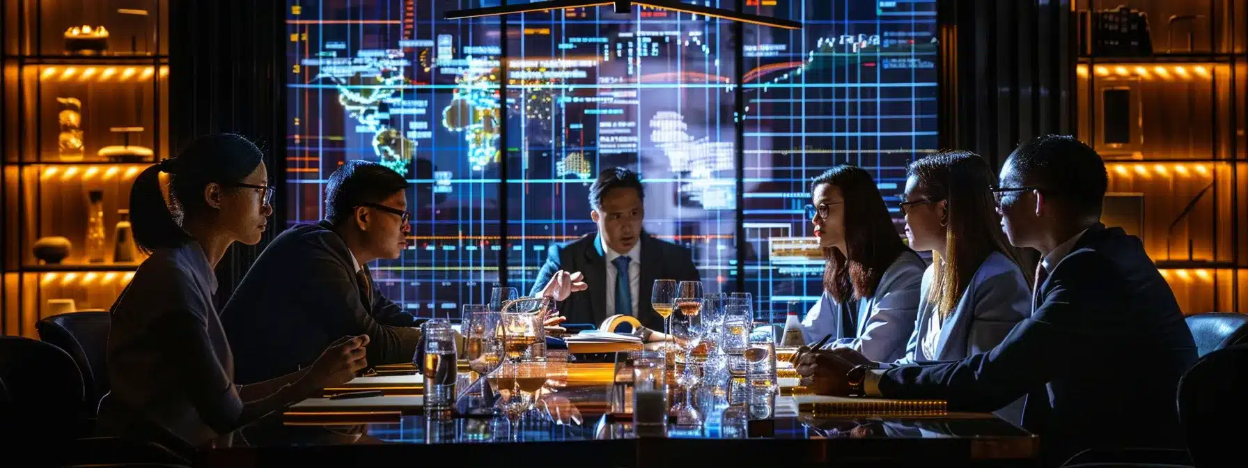 a diverse group of professionals discussing investment strategies in a modern boardroom setting with charts and graphs displayed on a large screen.