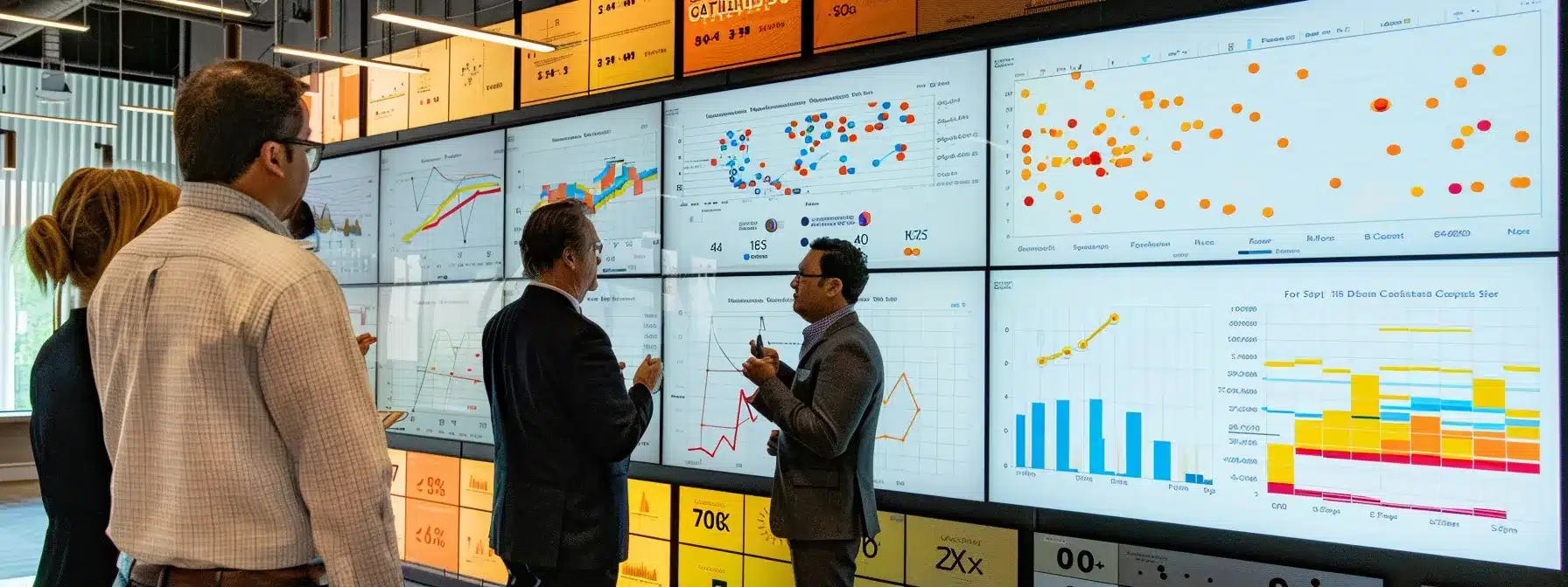 a diverse group of professionals in a modern office space, engaged in a lively discussion, surrounded by colorful charts and graphs depicting growth and innovation strategies.