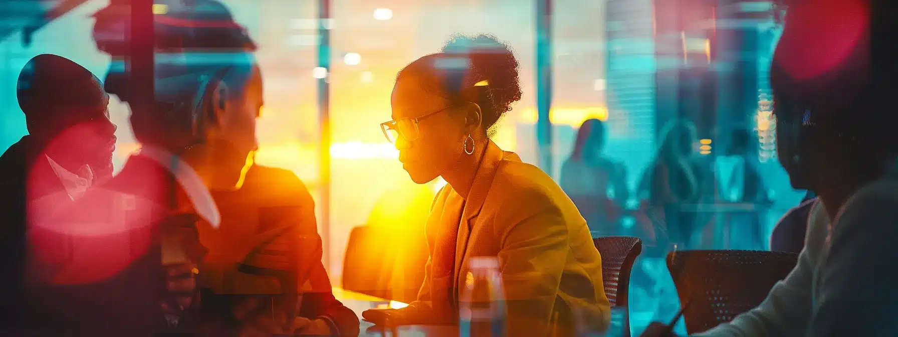 a diverse group of professionals in a modern office setting, collaborating around a conference table, brainstorming and strategizing for a new business venture.