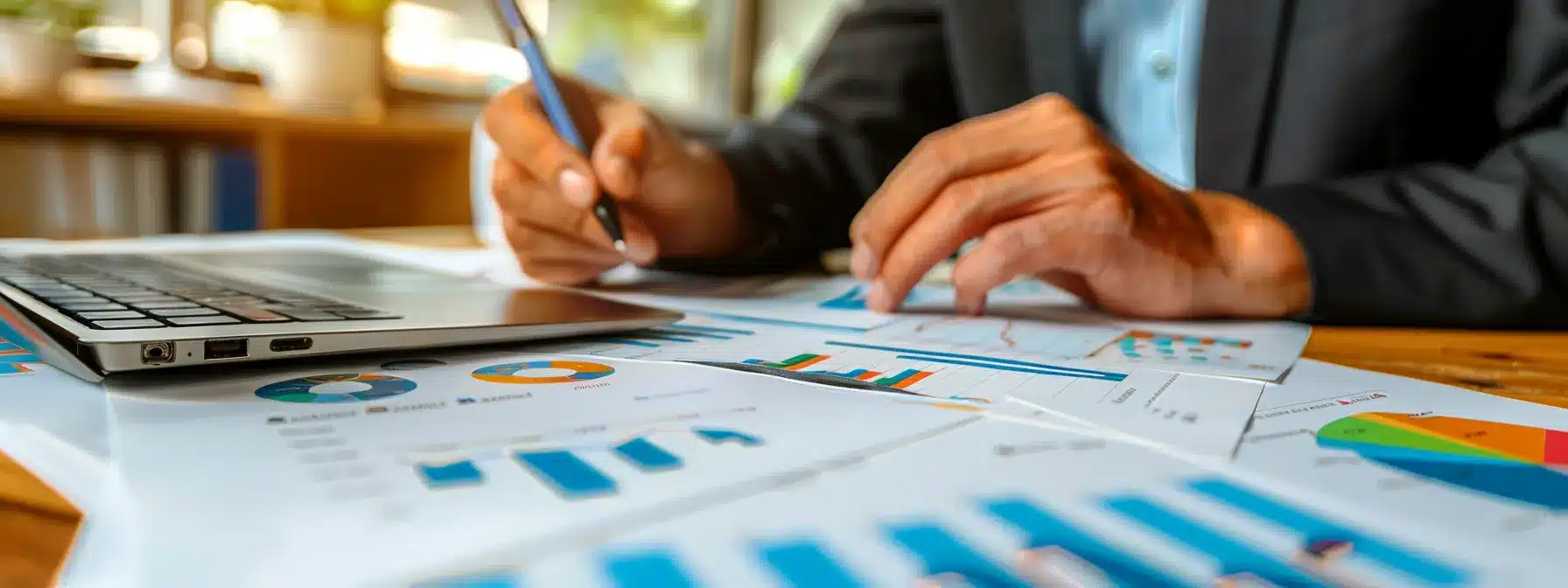 a focused entrepreneur examining a detailed business plan at a sleek, modern desk.