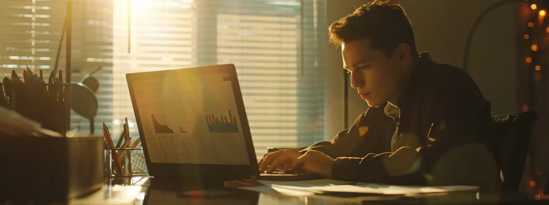 a focused entrepreneur revising a business plan at a sleek, modern desk surrounded by charts and graphs, with a laptop open to market research data.