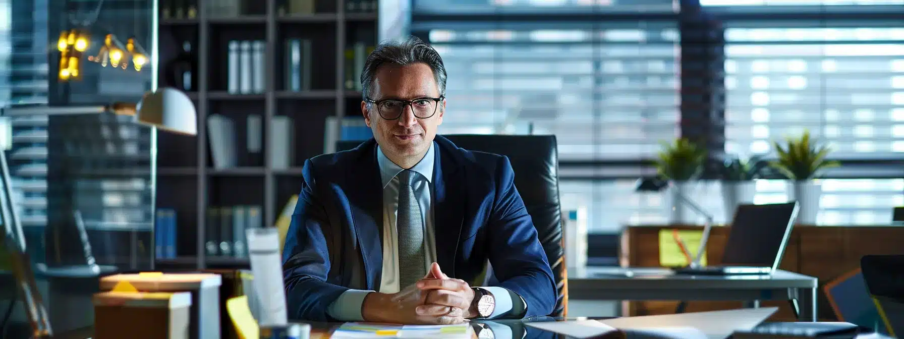 a global business executive sitting at a sleek desk, surrounded by electronic devices and stacks of pdf documents, showcasing the complexity of non-entry strategies through online platforms and e-commerce.