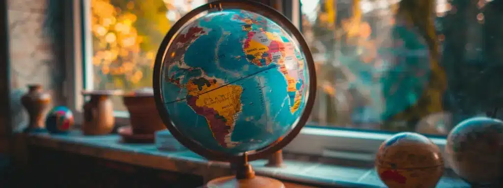 a globe surrounded by various international flags with one flag crossed out in red.