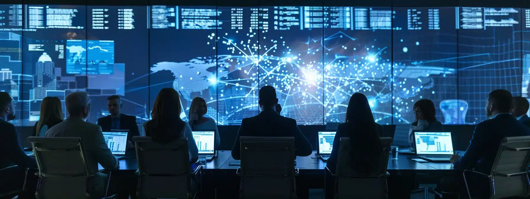 a group of business professionals analyzing data on a large screen and adjusting strategies in a modern office boardroom.