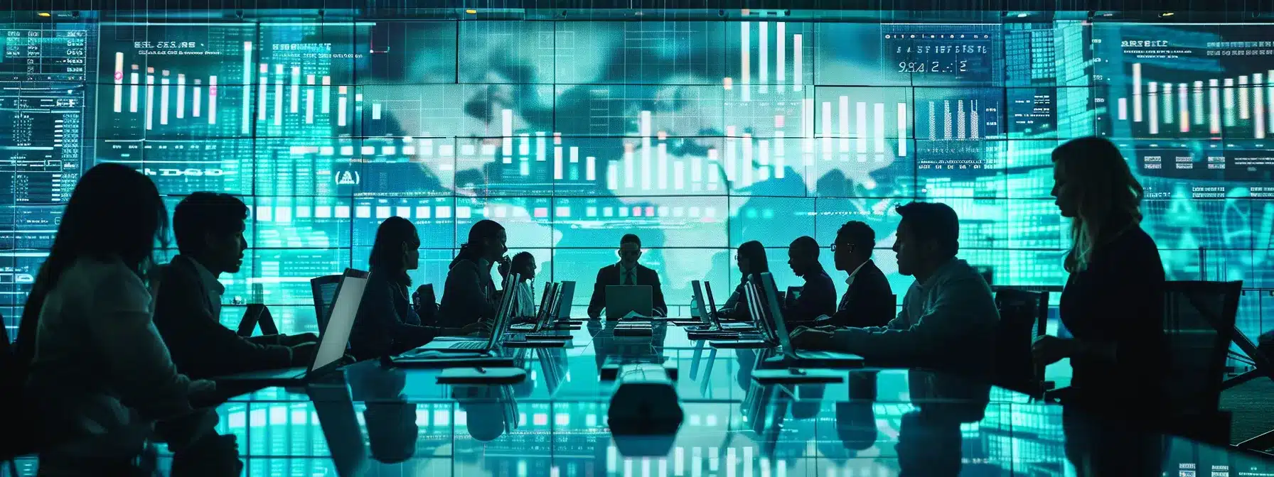 a group of diverse professionals working around a large conference table, analyzing data on laptops and charts while discussing global market strategies for business growth.