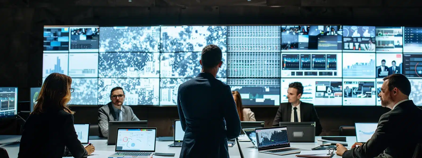 a group of professionals in a modern office setting, collaborating on digital transformation strategy documents with sleek laptops and interactive screens.