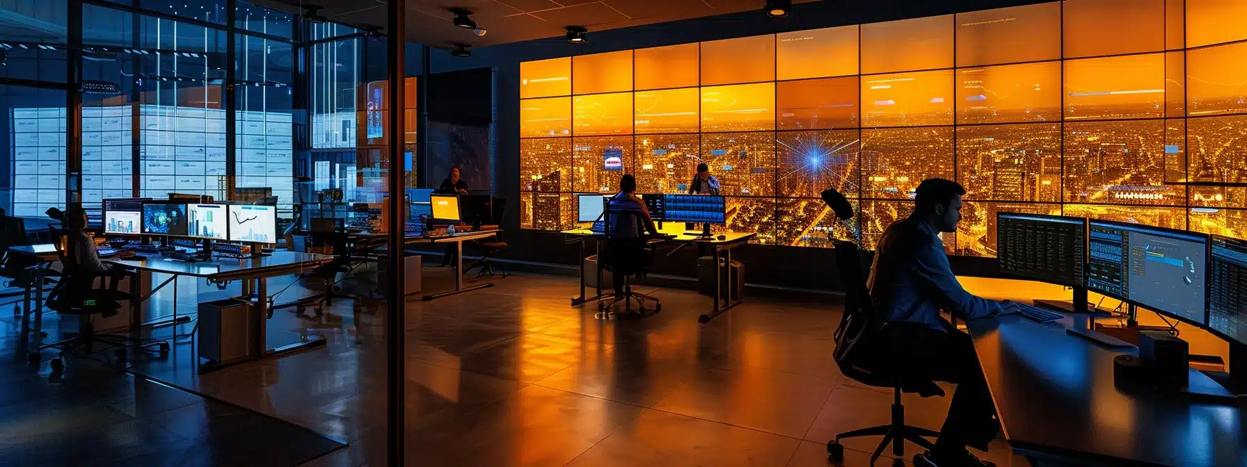 a team of professionals analyzing data on computer screens in a sleek, modern office setting.