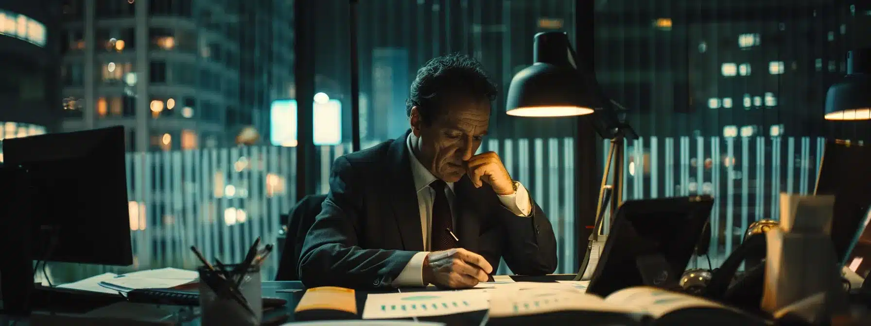 an investor in a modern office, analyzing charts and graphs while government policy documents lay scattered on the desk, illustrating the influence of policymaking on investment strategies.