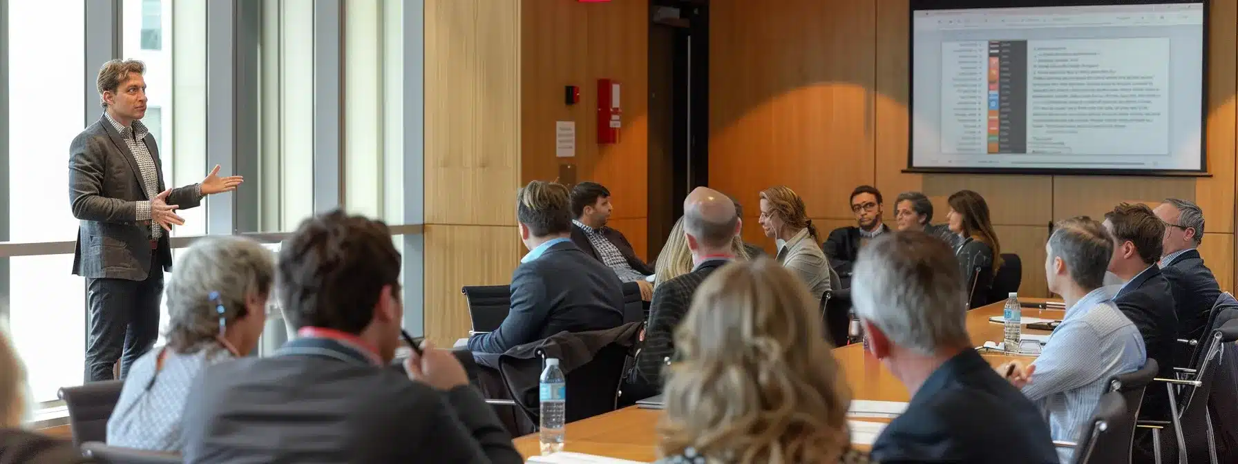 entrepreneur confidently pitching their innovative business idea to a group of attentive investors in a modern boardroom setting.